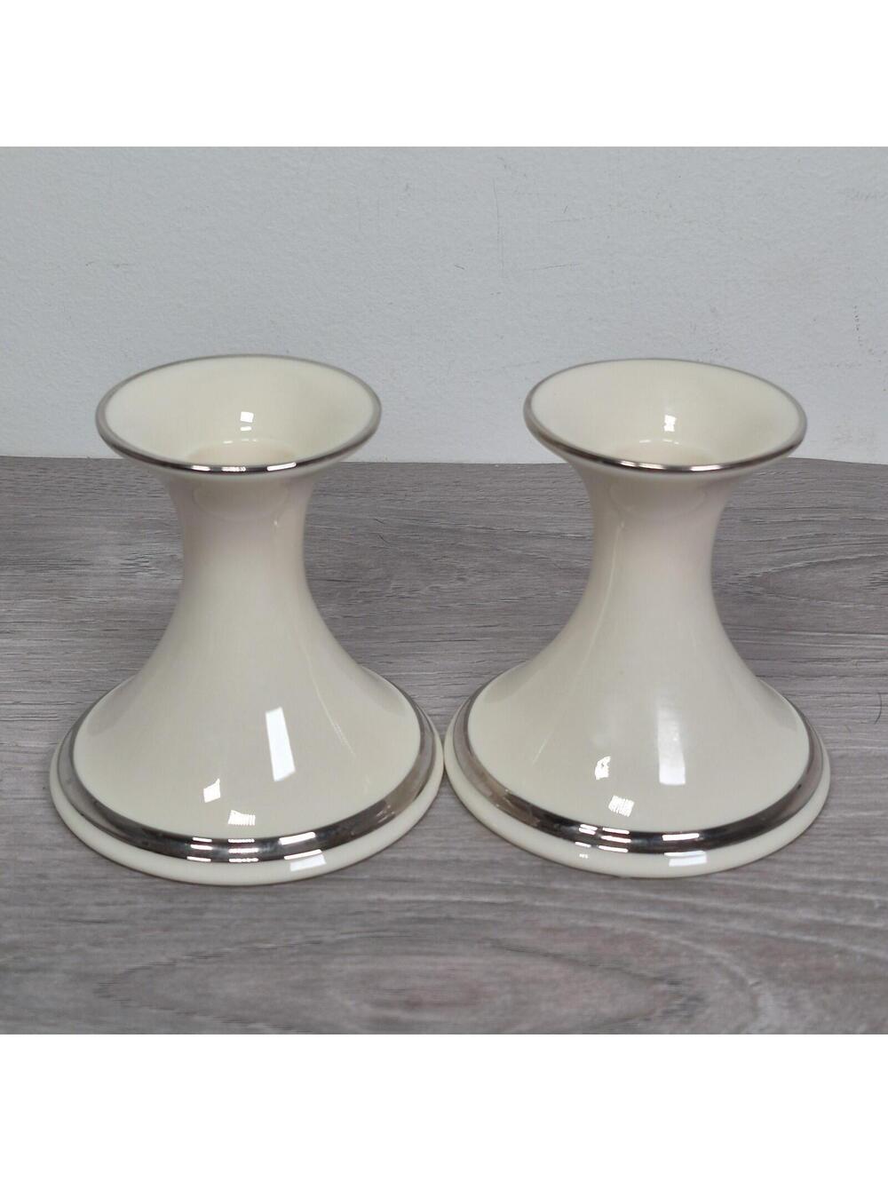 Vintage Lenox Solitaire Platinum Trim Porcelain Candlestick Holder Set